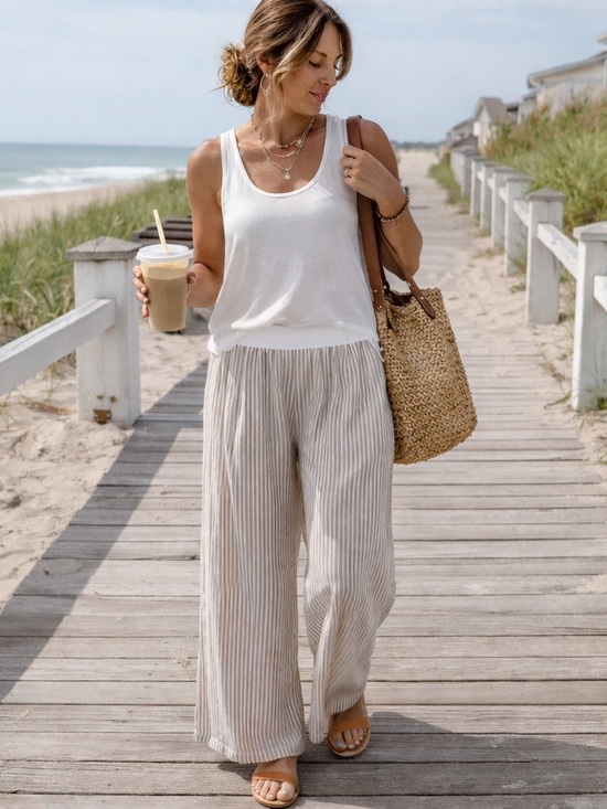 Sincerly Jules Pants - Sincerely Jules M Striped Wide Leg Pants Elastic Waist Coastal Lounge Beach